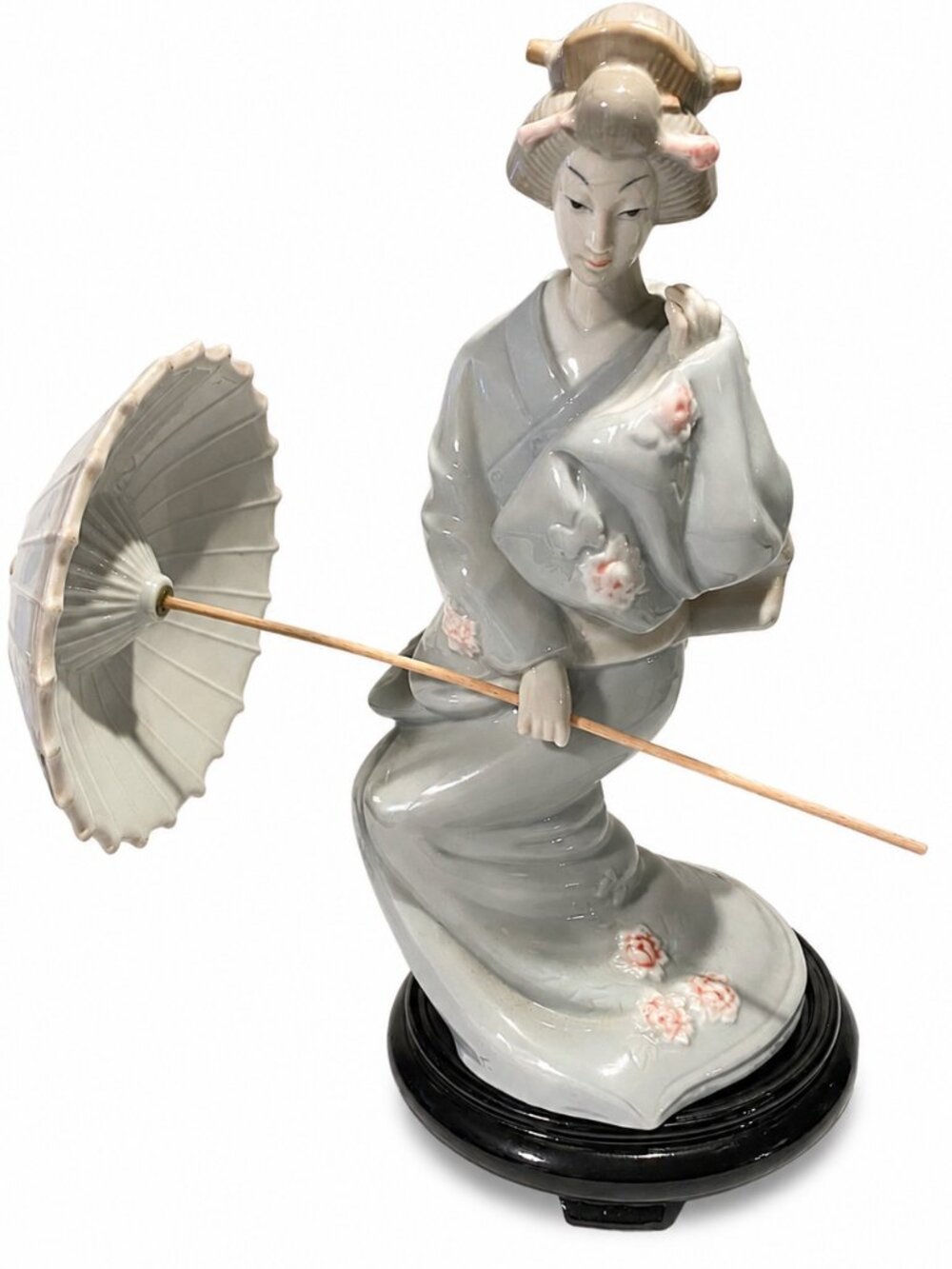 Vintage TOYO Japanese Geisha in Kimono w Parasol - Porcelain Figurine w Stand
